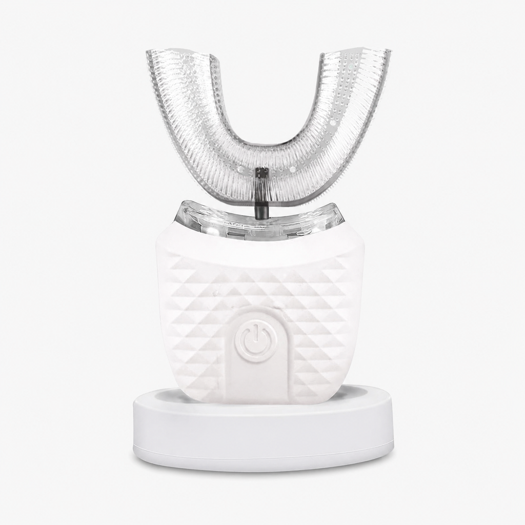 A white and clear electric oral irrigator with a textured white base and a transparent U-shaped mouthpiece, shown on a clean white background.