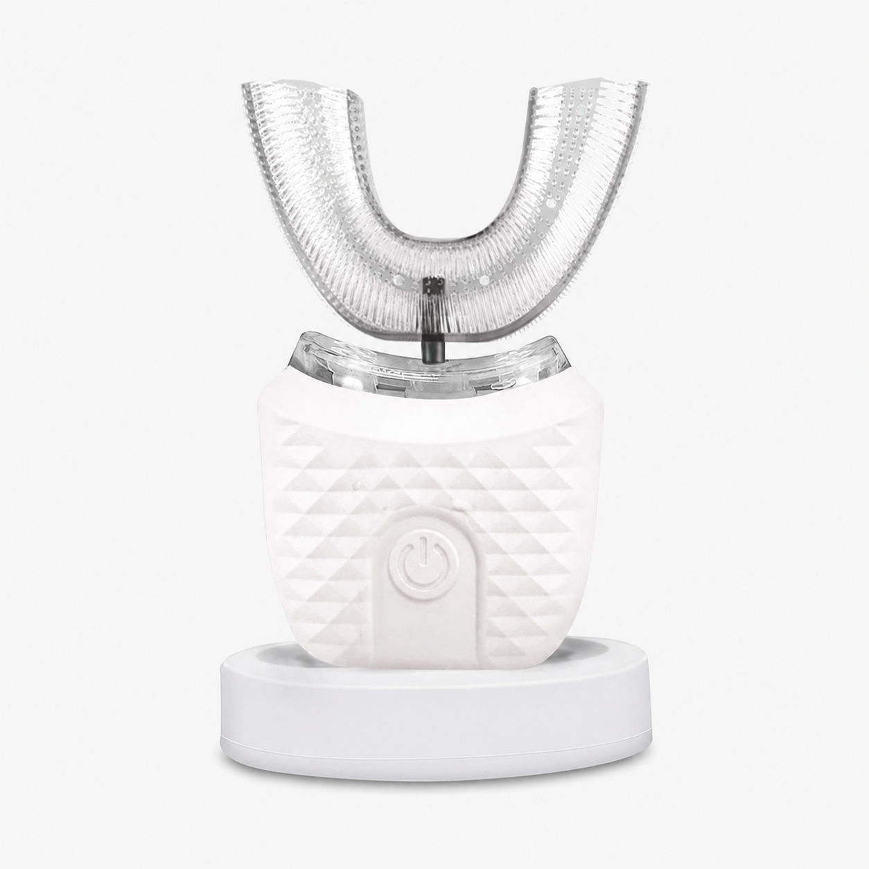 A white and clear electric oral irrigator with a textured white base and a transparent U-shaped mouthpiece, shown on a clean white background.