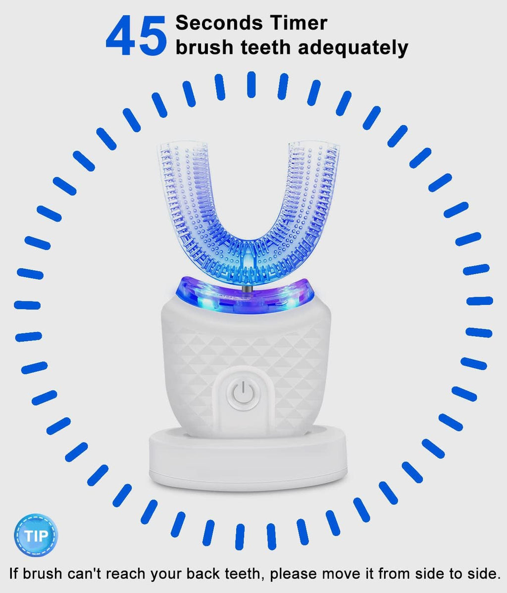 A white electric toothbrush with a transparent U-shaped brush head illuminated in blue, shown on a light gray background with instructional text and a blue circular timer graphic.