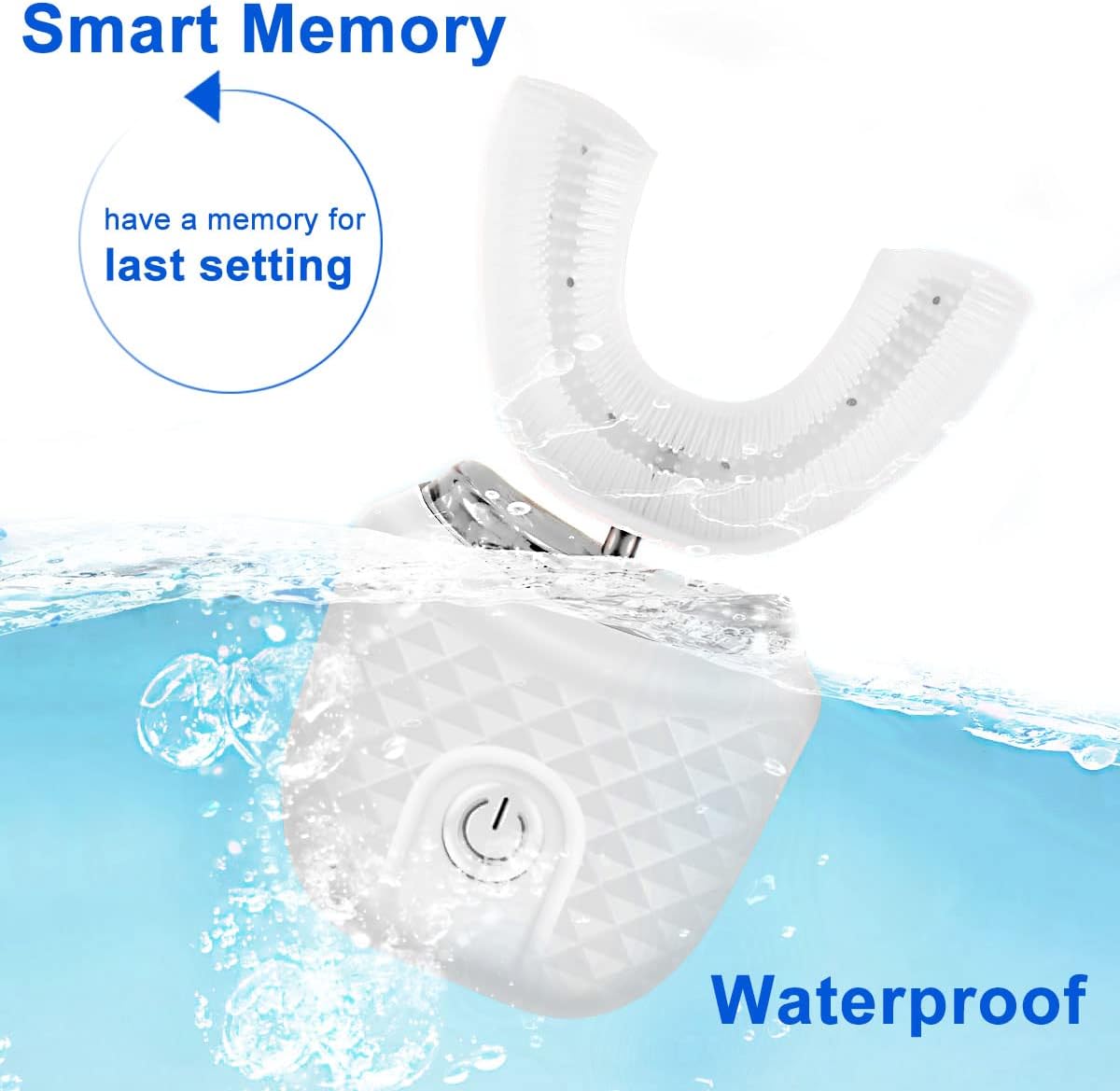 White dental tool with water splashing around it, labeled 'Smart Memory' and 'Waterproof'.