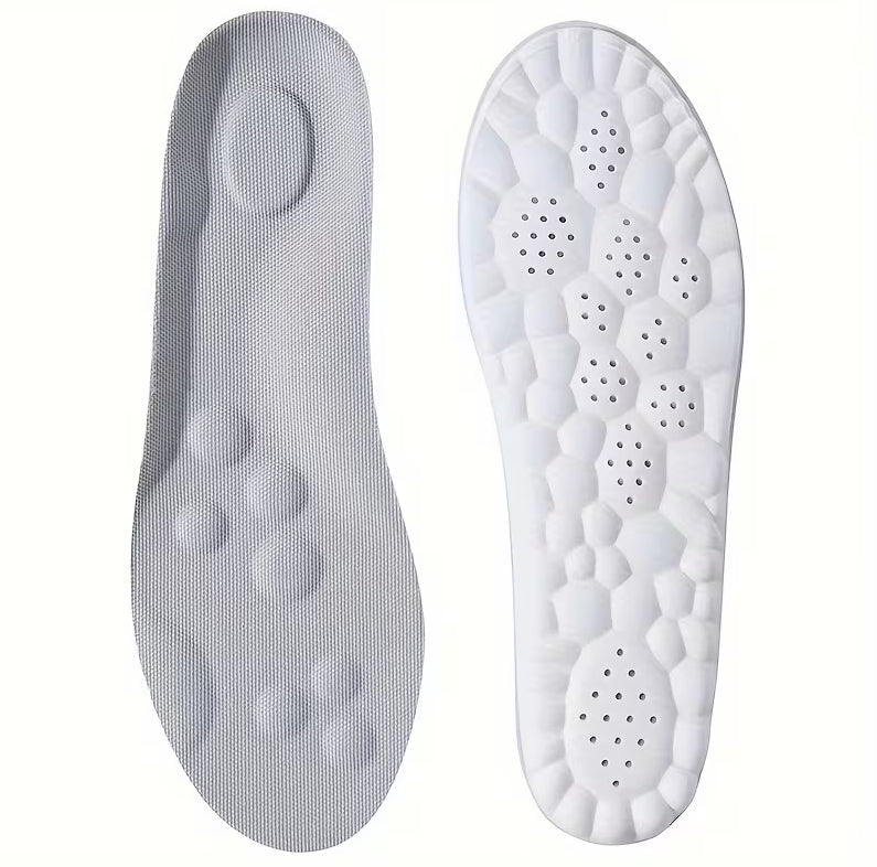 A pair of white orthopedic shoe insoles shown from both the top and bottom views against a plain white background.