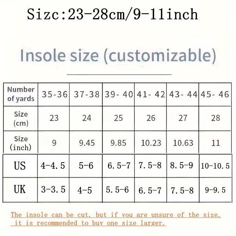 A size chart table for insole size customization, showing measurements in centimeters and inches for different yard and US/UK sizes, with text above and below on a light background.