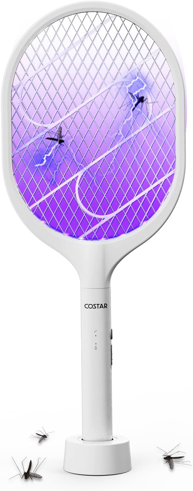 A white electric mosquito trap racket with a purple UV light panel, featuring the COSTAR brand name on the handle, shown against a white background with decorative flying mosquitoes at the base.