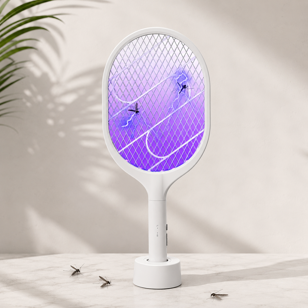 A white electric mosquito trap racket with a glowing purple UV light panel, standing on a light marble surface against a beige wall with soft shadows.
