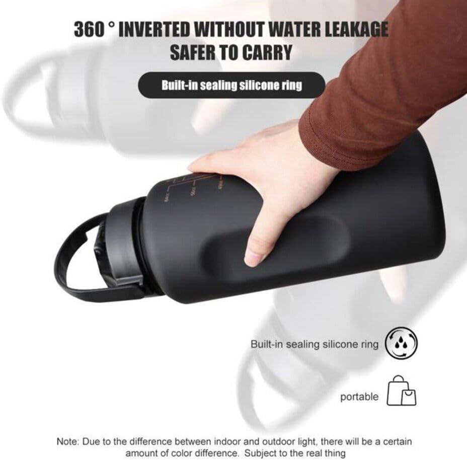 A matte black reusable water bottle being held by a hand, with promotional text and icons about a built-in sealing silicone ring, 360-degree inversion, and portability on a white background.