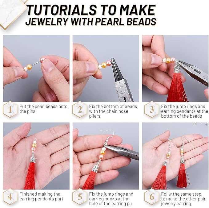 A 6-step instructional collage showing how to make jewelry with pearl beads, featuring close-up photos of hands threading beads, using pliers, and assembling tassel earrings. The top text reads 'TUTORIALS TO MAKE JEWELRY WITH PEARL BEADS'.