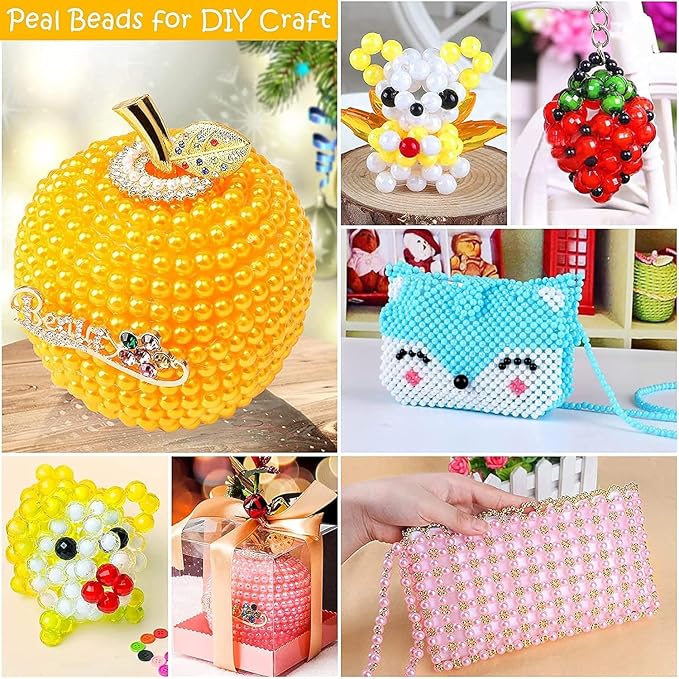 A collage of handmade beaded craft items, including a yellow pearl pumpkin ornament, a white beaded animal figure, a red berry keychain, a turquoise beaded cat purse, a yellow beaded fruit ornament, a pink beaded gift box, and a pink beaded clutch being held by a hand.