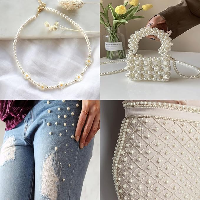 A four-panel collage showcasing pearl-beaded fashion accessories: a delicate pearl necklace draped on white fabric, a pearl-embellished structured handbag held by a hand, pearl studs embellished light-wash blue jeans worn by a model, and a close-up of a pearl-embroidered cream clutch bag.