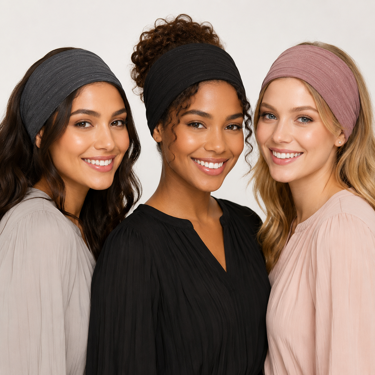 Three women smiling and wearing wide fabric headbands in dark gray, black, and dusty pink, shown against a clean light gray studio background.