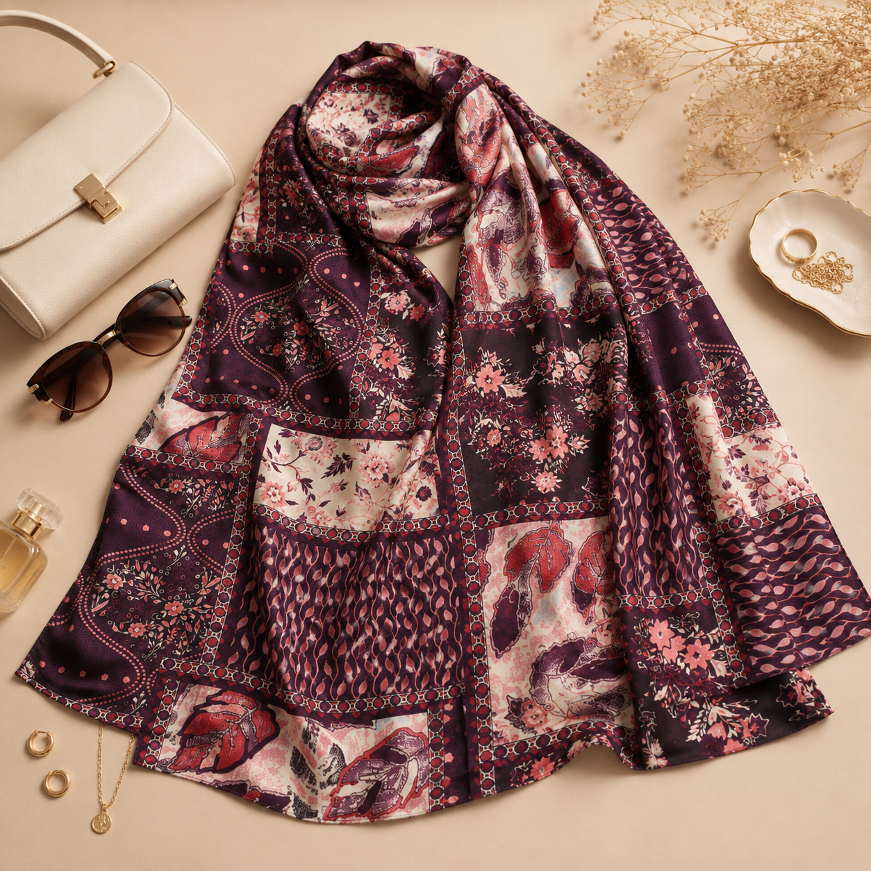 A lightweight patchwork scarf with a multicolor print featuring purple, pink, red, and white floral and paisley patterns, styled in a flat-lay arrangement with a white handbag, sunglasses, and gold jewelry on a beige background.