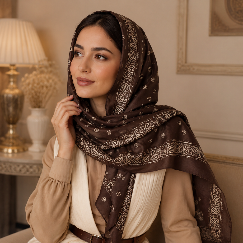 A woman wearing a brown patterned headscarf and beige clothing, posed in an elegant indoor setting with a lamp and framed wall art in the background.