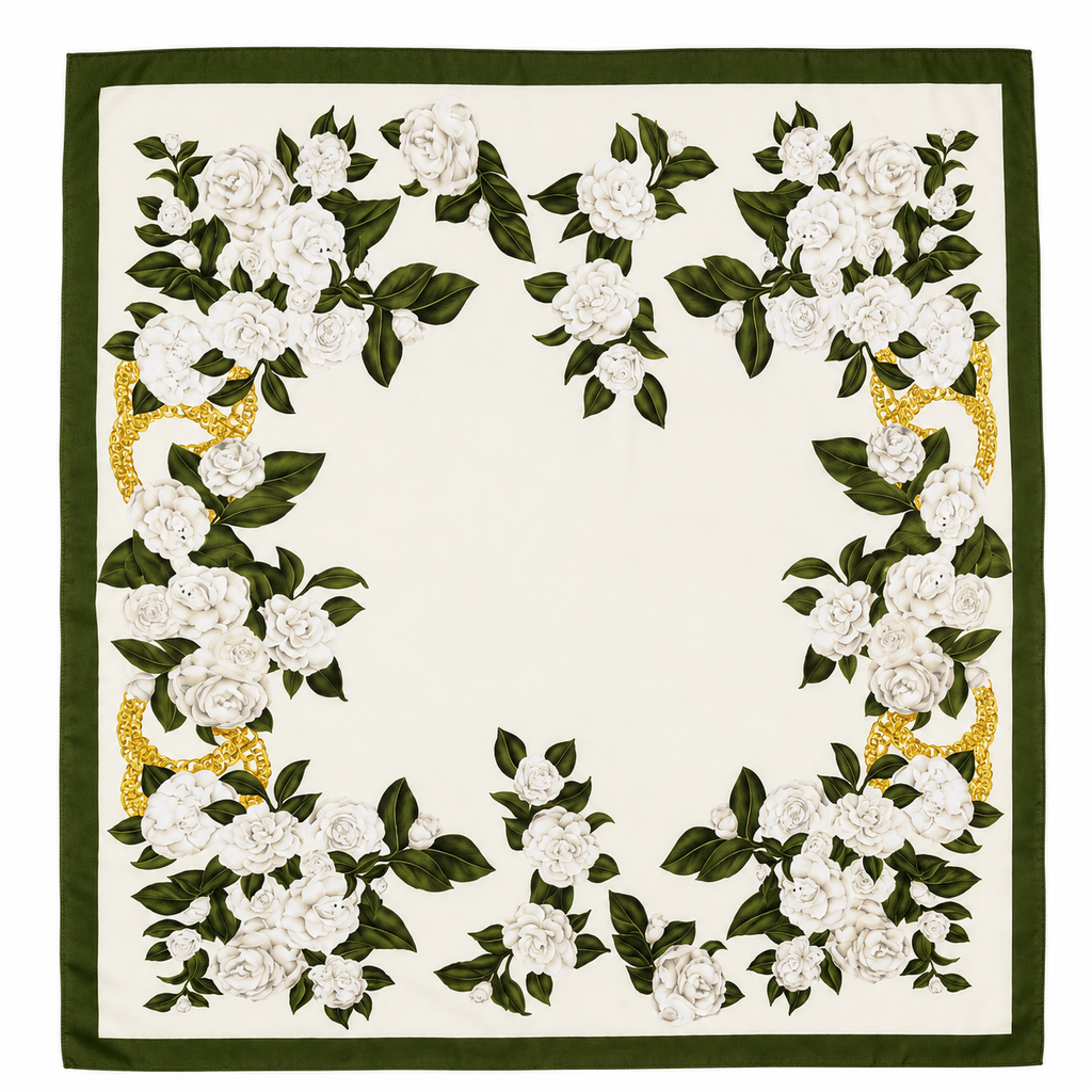 A square scarf with a dark green border and an elegant floral print featuring white roses with green leaves and gold scroll accents, arranged in a circular border pattern on an off-white background.
