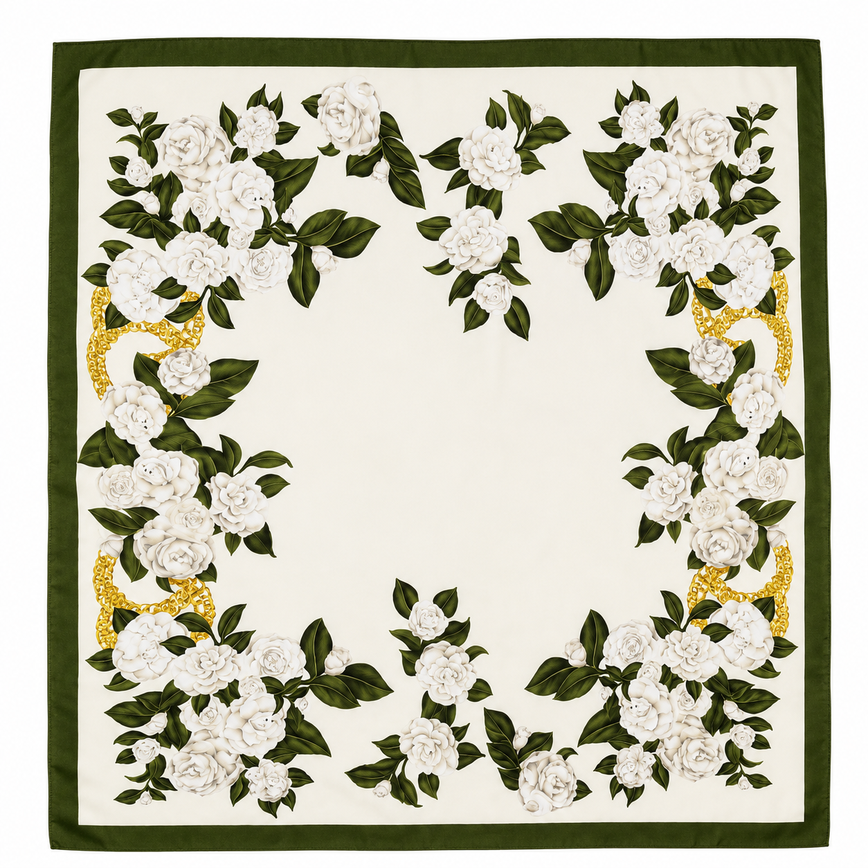 A square scarf with a dark green border and an elegant floral print featuring white roses with green leaves and gold scroll accents, arranged in a circular border pattern on an off-white background.