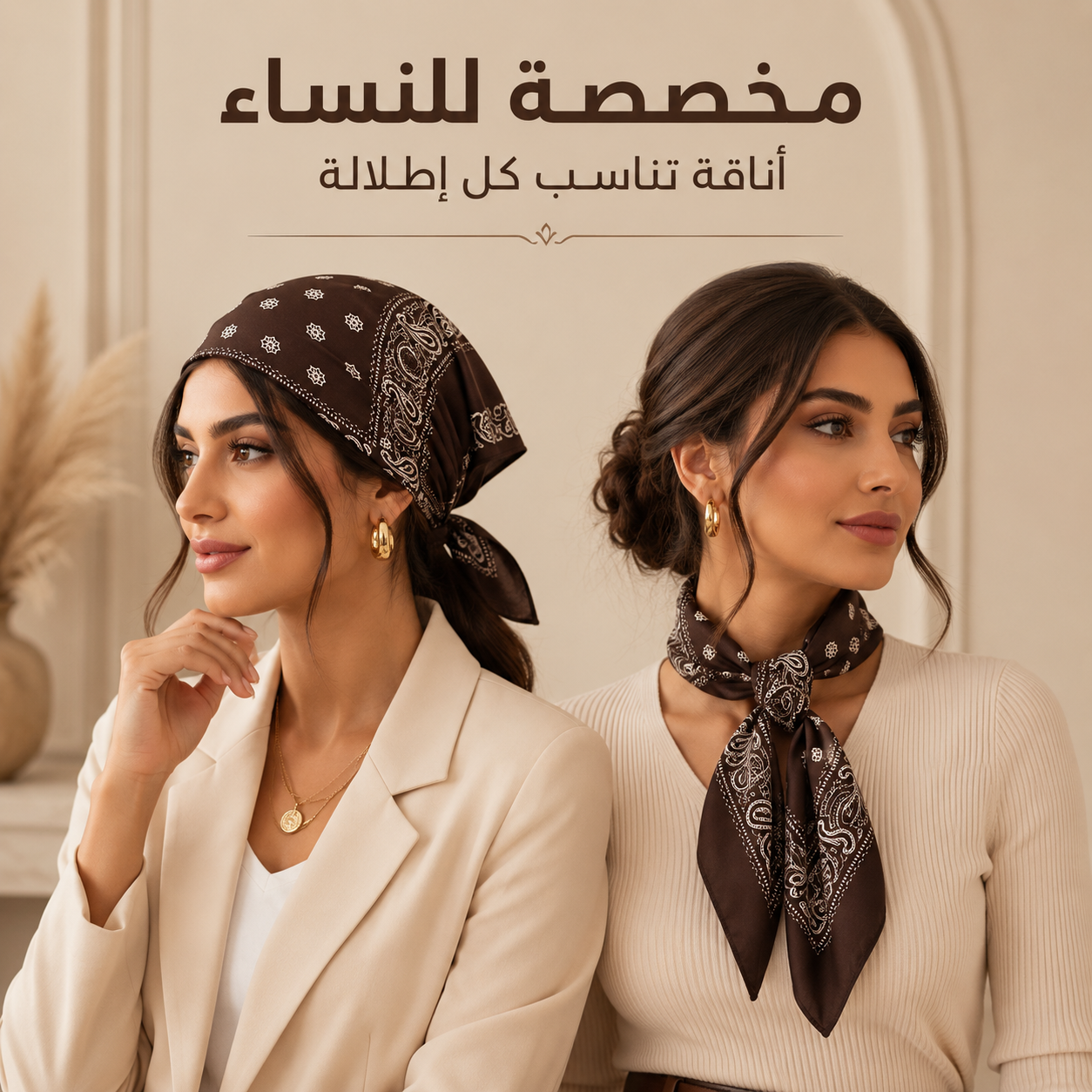 Two women wearing patterned brown and beige bandanas styled on their heads and necks, posed in an elegant indoor setting with Arabic promotional text at the top.