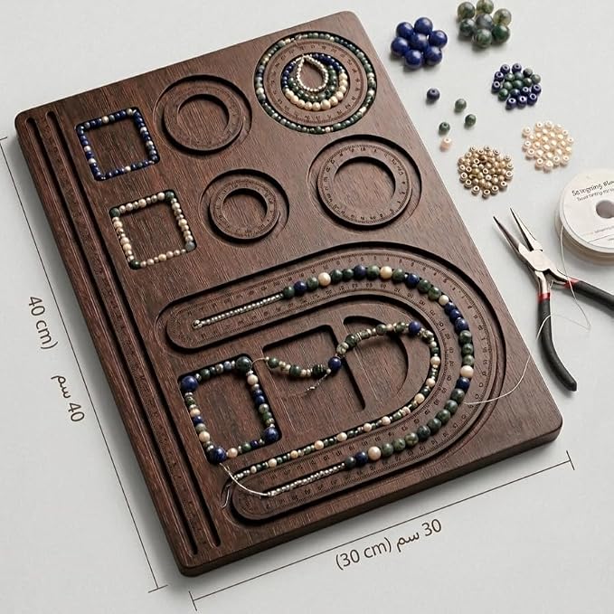 A wooden beadwork board with carved tracks and templates, shown on a light gray background with beads, pliers, and thread. Black text on the left and bottom edges shows dimensions: 40 cm by 30 cm.