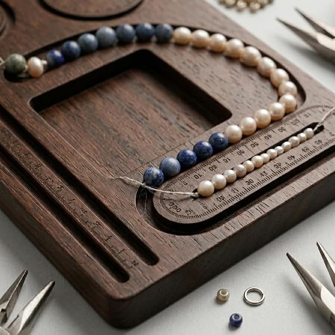 A close-up of a wooden jewelry-making tray with bead stations, measuring rulers, and metal pliers on a light surface. Beads in blue, cream, and green are arranged in loops, with small loose beads and rings below.