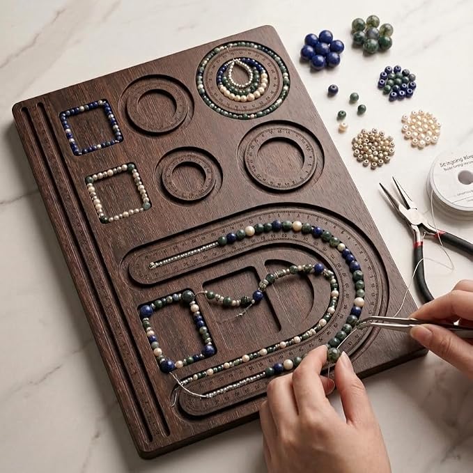 A wooden bead-embedding tray with carved slots and circular guides, being filled with blue, green, and cream beads by hands. Loose beads, spools of thread, and metal pliers are arranged on a light marble surface around the tray.