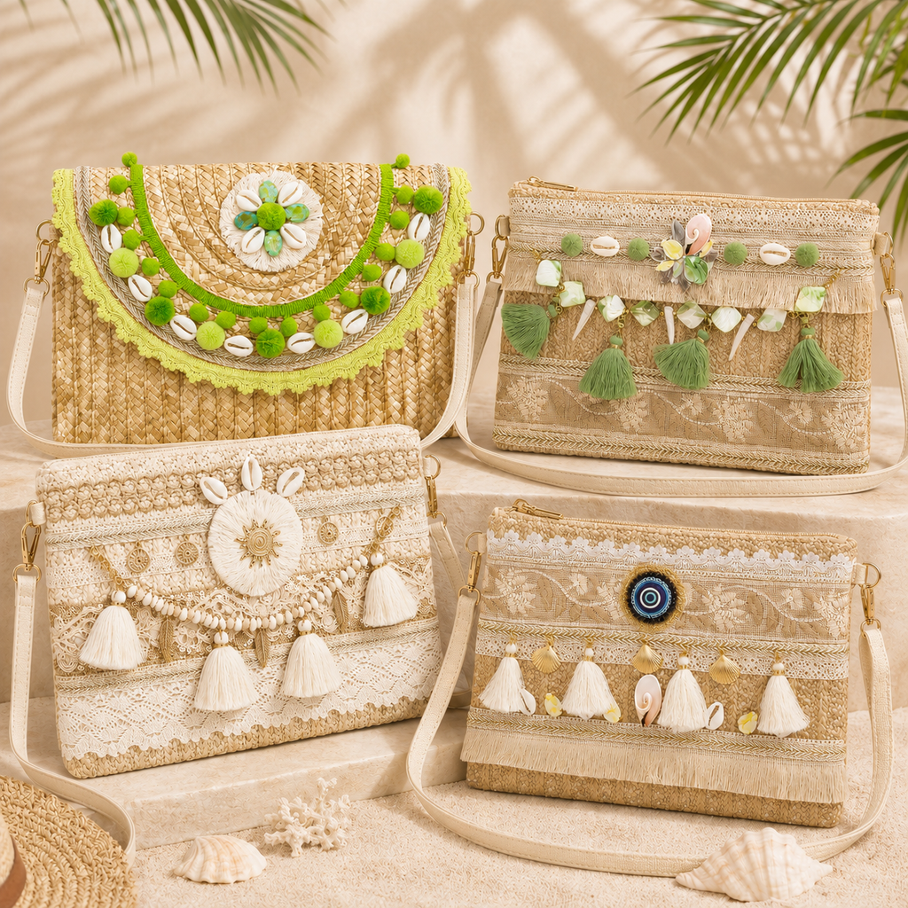 Four bohemian-style woven straw shoulder bags arranged on a sandy surface with palm leaves and seashells in the background. The bags feature intricate lace, tassel, shell, and bead embellishments in natural beige, cream, green, and white tones.