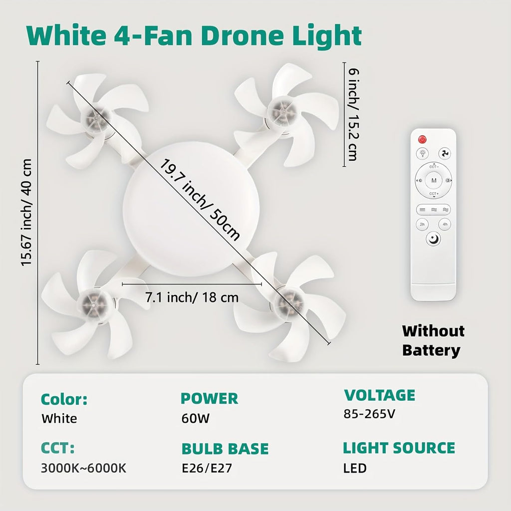 White 4-fan drone light with dimensions, features, and specifications on a white background