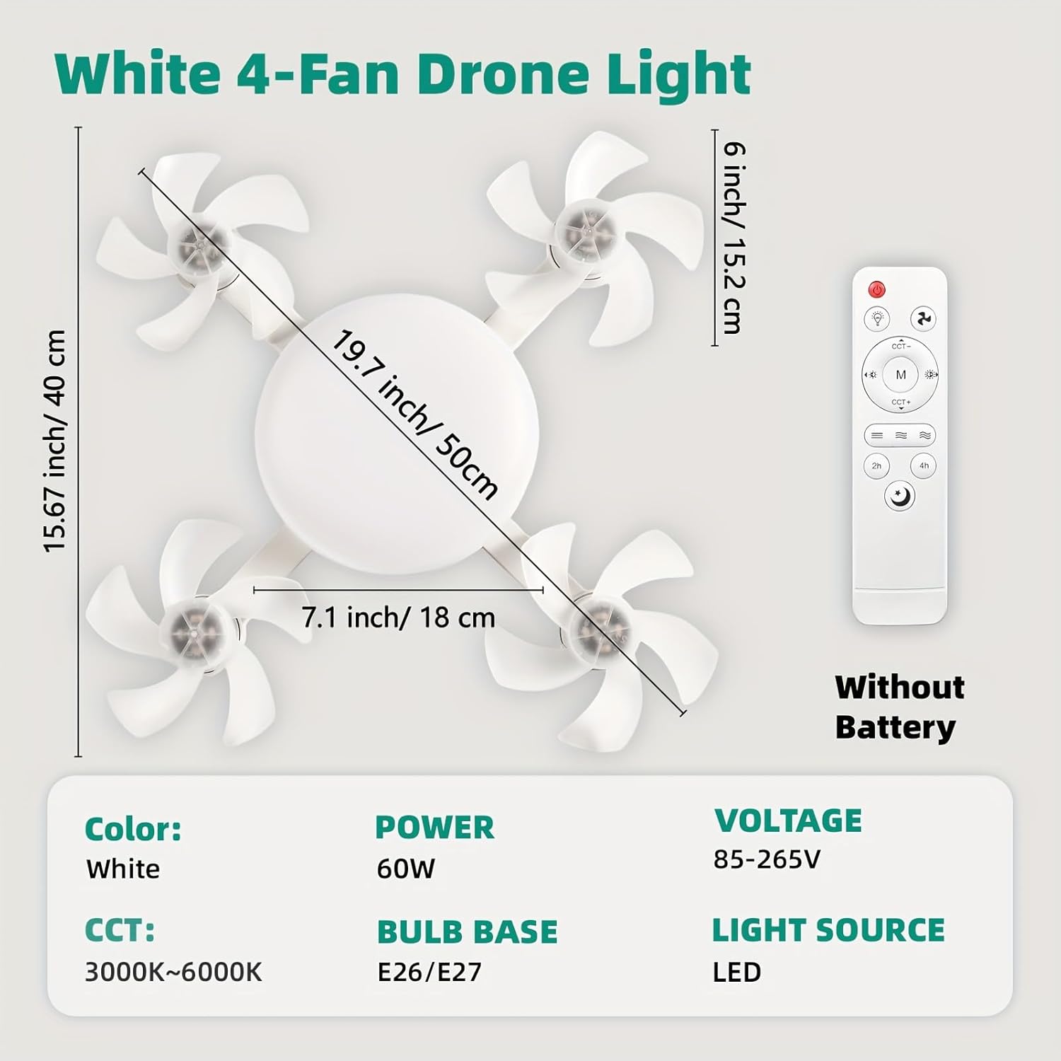 White 4-fan drone light with dimensions, features, and specifications on a white background