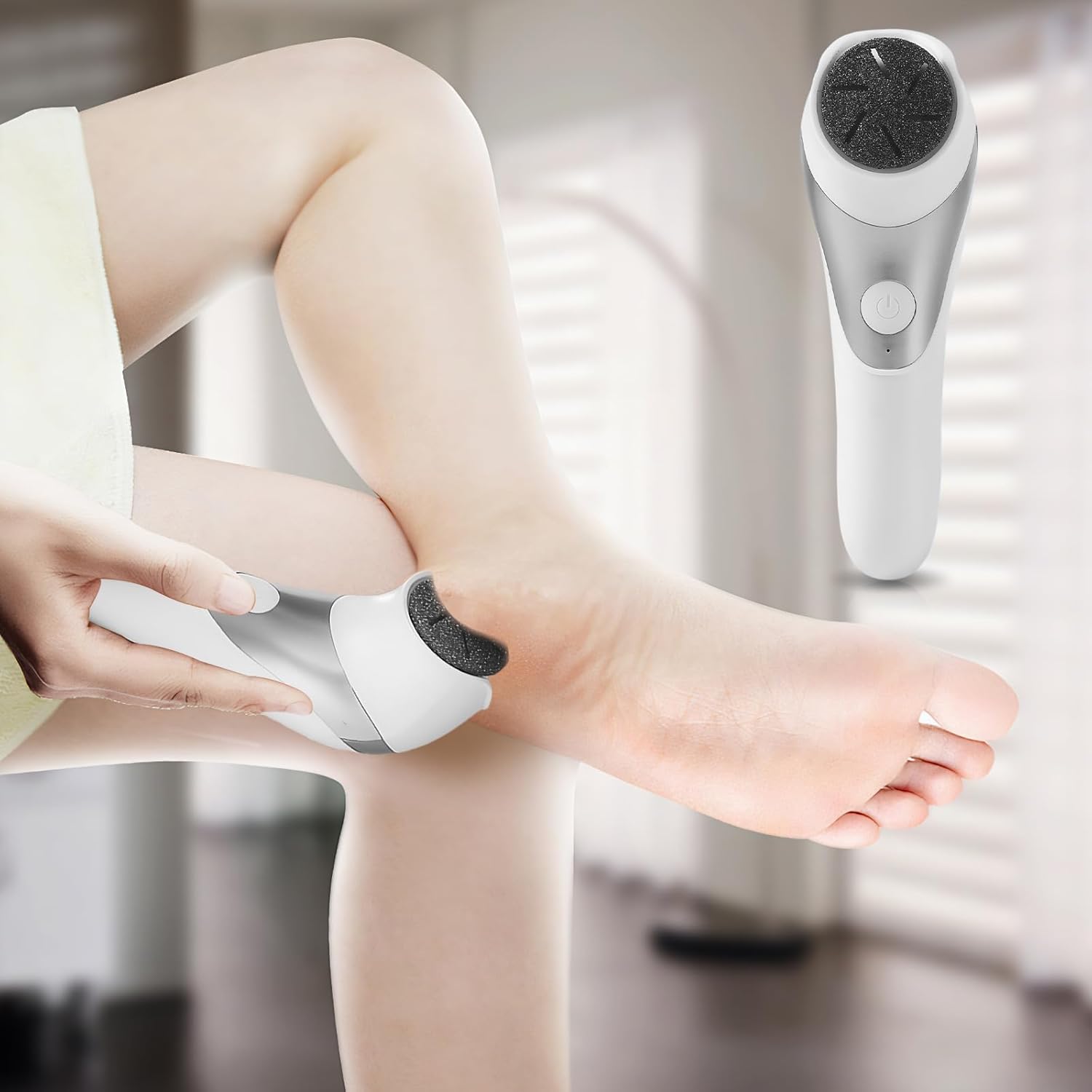 Electric Foot Grinder with 2 Speeds, Rechargeable Callus Remover for Heel & Sole Care, White/Silver