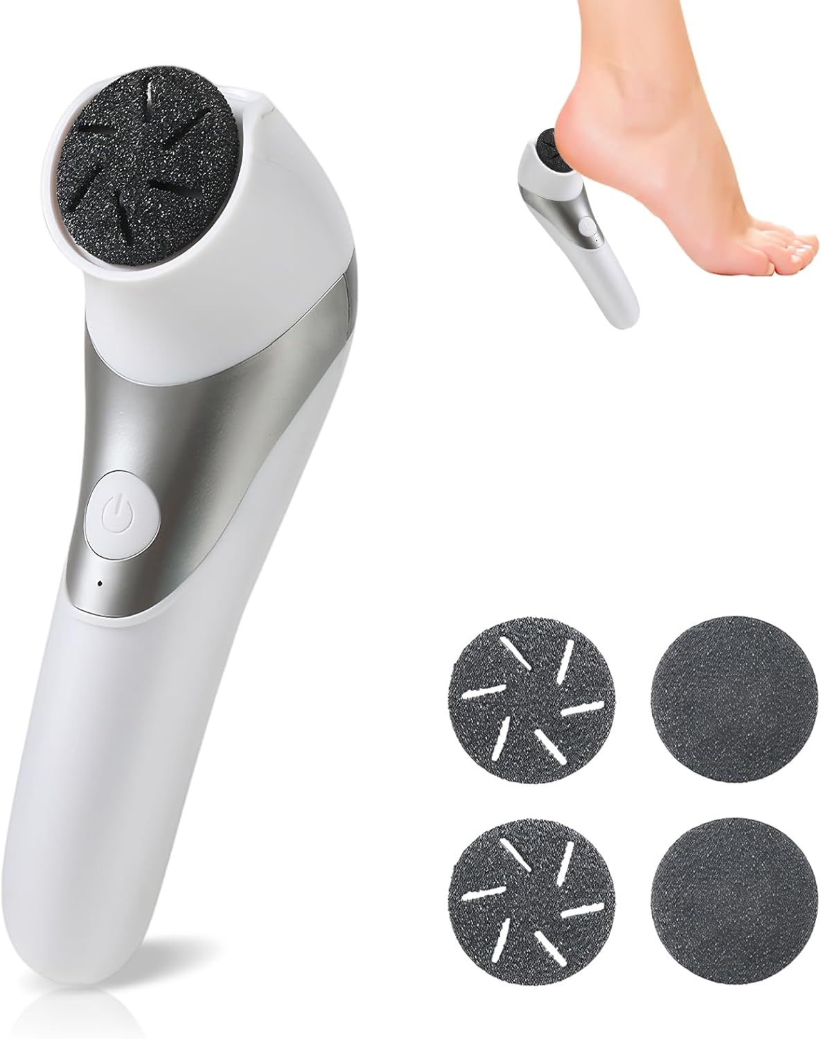 Electric Foot Grinder with 2 Speeds, Rechargeable Callus Remover for Heel & Sole Care, White/Silver