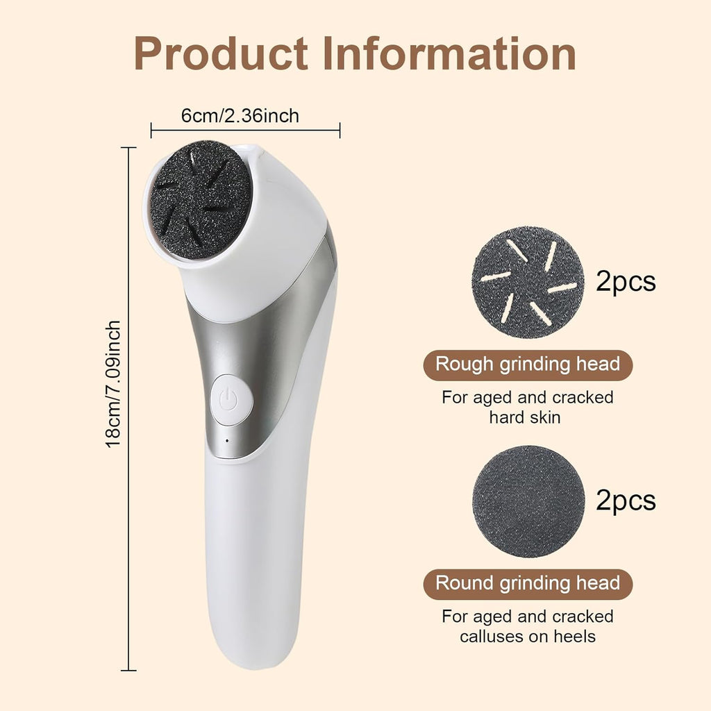 Electric Foot Grinder with 2 Speeds, Rechargeable Callus Remover for Heel & Sole Care, White/Silver