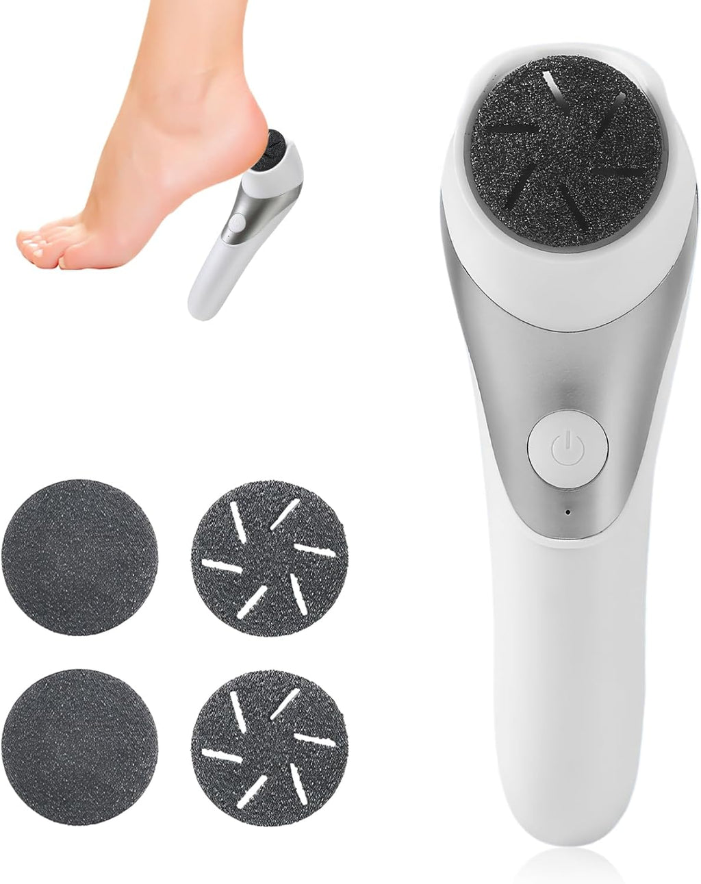 Electric Foot Grinder with 2 Speeds, Rechargeable Callus Remover for Heel & Sole Care, White/Silver