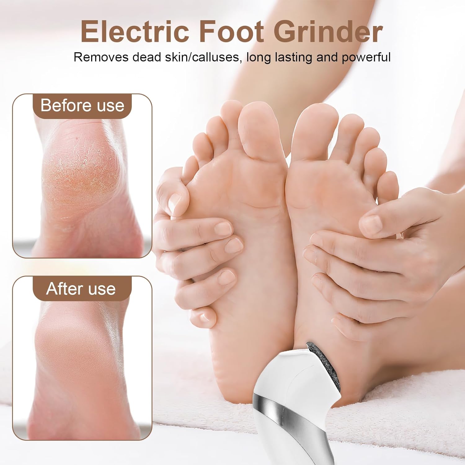 Electric Foot Grinder with 2 Speeds, Rechargeable Callus Remover for Heel & Sole Care, White/Silver