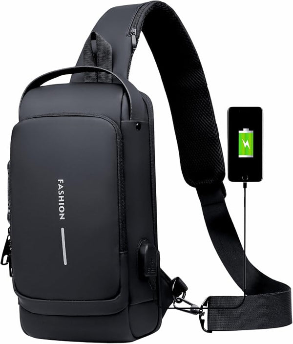 7AGAT multi-compartment crossbody sling bag with USB port, combination lock, and anti-theft design, shown with adjustable strap.