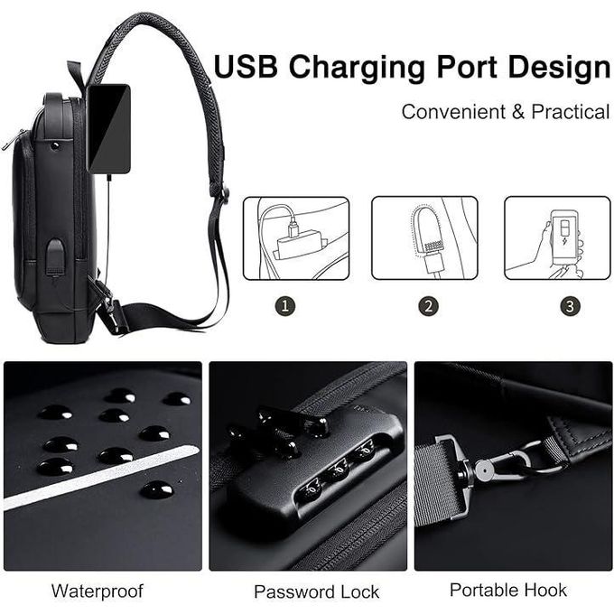 شنطة كتف متعددة الجيوب مع منفذ USB وقفل أرقام للسفر والتنقل