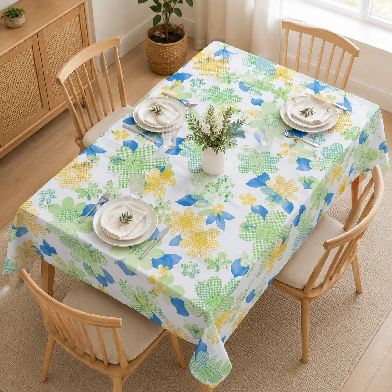 Green and yellow vinyl dining table cover with rectangular shape, 183×137 cm, easy-wipe surface for kitchen and dining use