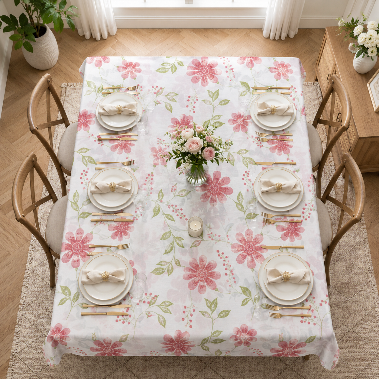 Pink floral vinyl dining table cover with easy-wipe surface, measuring 183x137 cm, suitable for kitchen, dining, and parties.