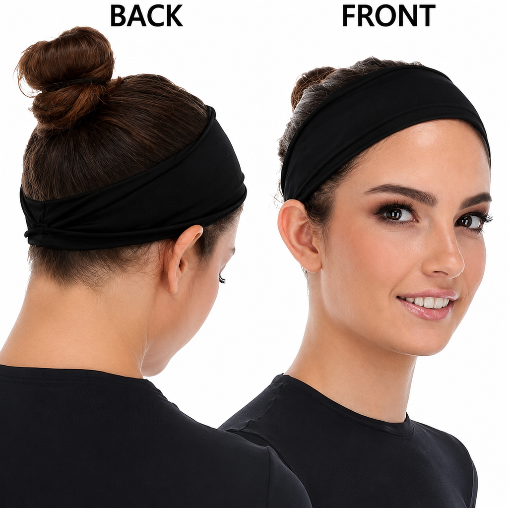 Front and back views لامرأة ترتدي black wide headband من 7agatshopping مع black top متناسق، توضح شكل الـ fit والتغطية الكاملة للبندانة بتصميم athletic و comfortable على خلفية بيضاء clean، مناسب لمنتجات fashion & hair accessories.

