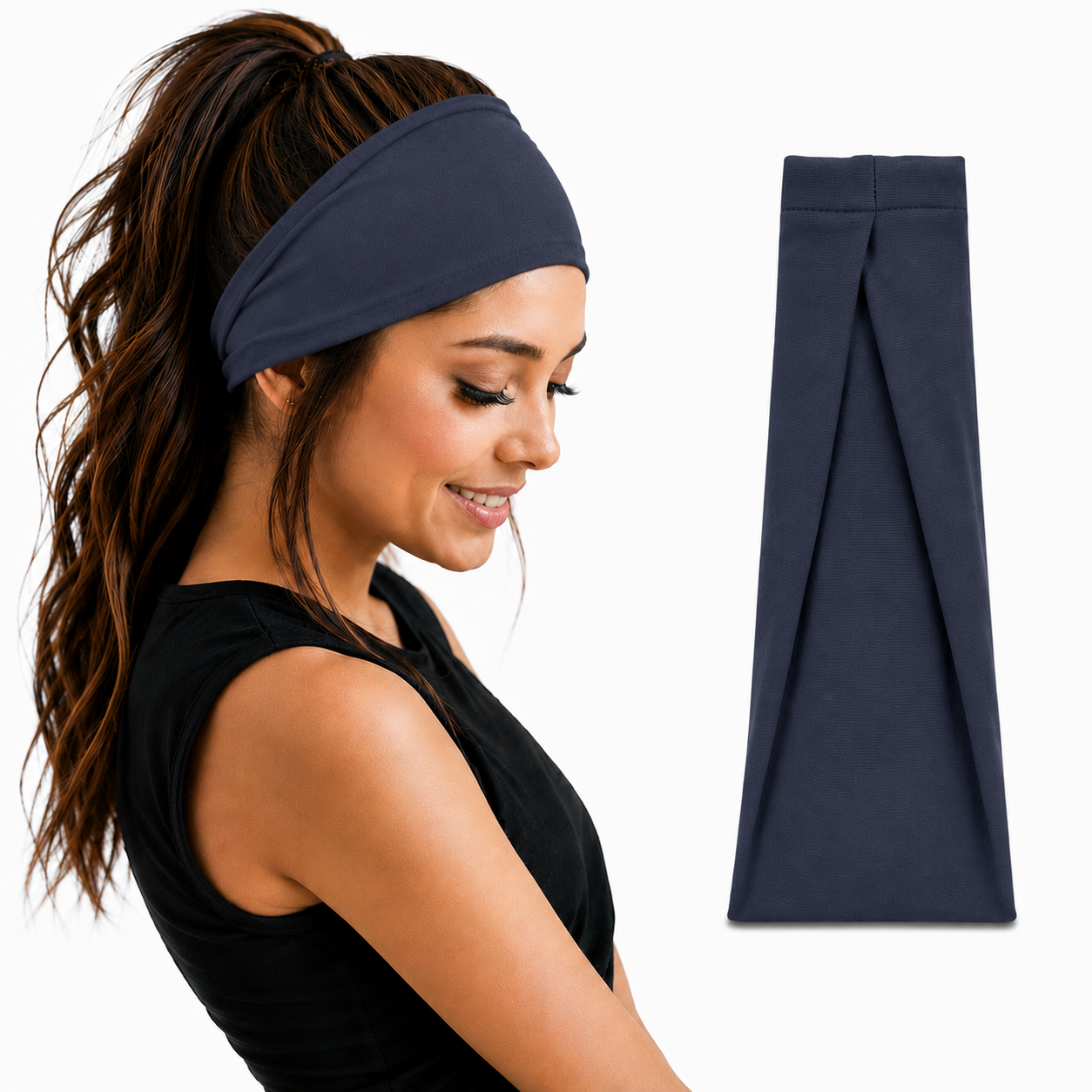 Woman with wavy hair ترتدي dark blue wide headband من 7agatshopping مع black athletic top، بجانب عرض واضح لمنتج الـ headband على خلفية بيضاء clean، بتصميم elegant و modern مناسب لمنتجات fashion & hair accessories.
