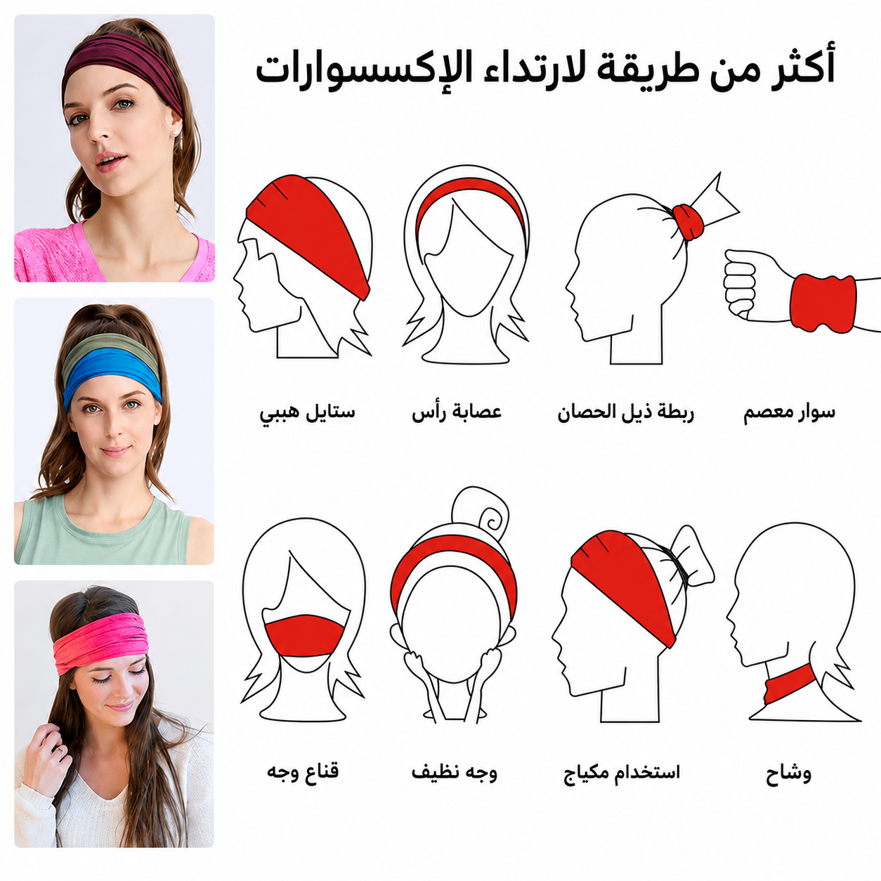 Infographic يوضح multiple ways to wear fabric headband مثل headband, ponytail holder, wristband, face cover, makeup band, و scarf، مع صور موديل واستخدامات مختلفة وتسميات باللغة العربية، بتصميم clean و modern على خلفية بيضاء مناسبة لعرض منتجات fashion & sports accessories.
