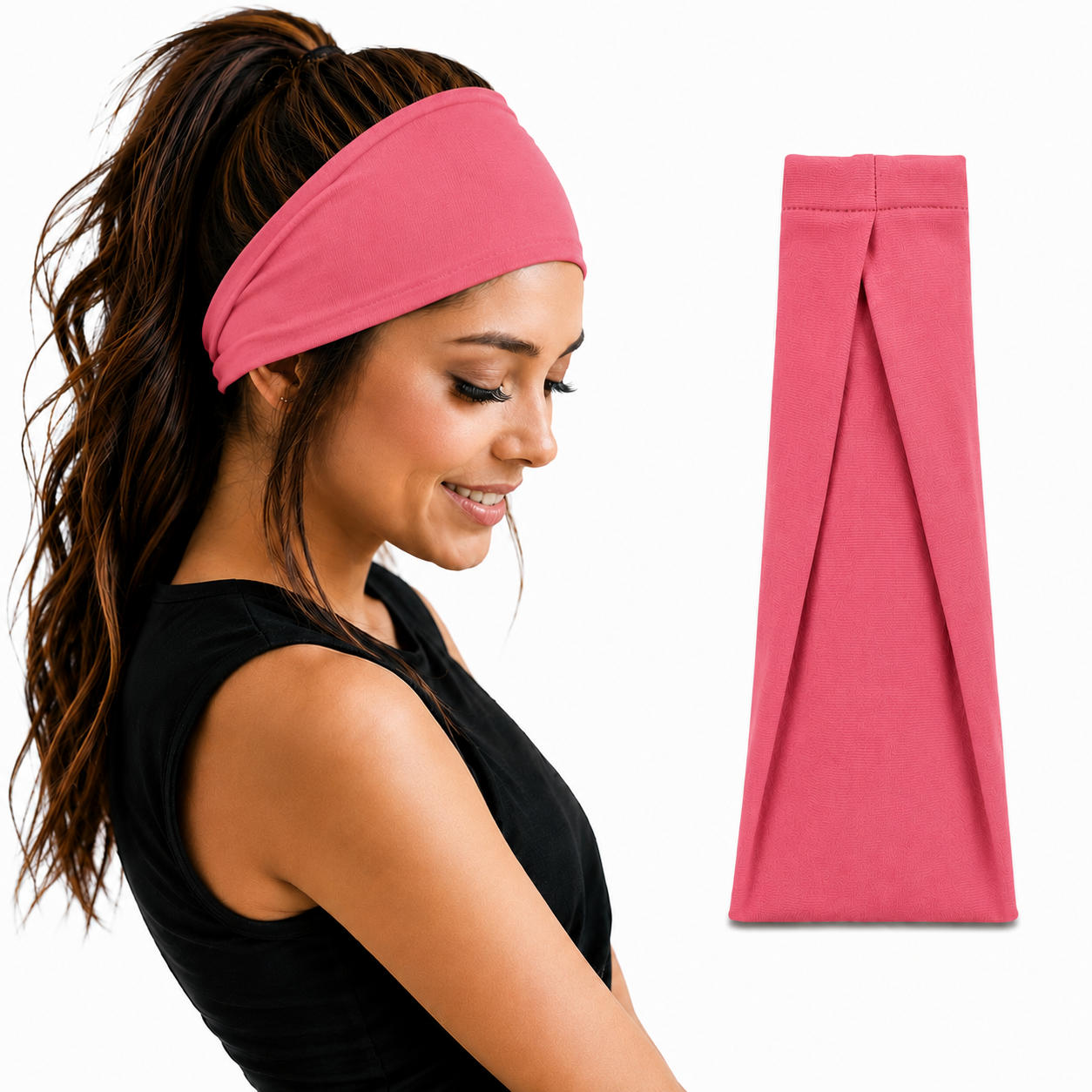 Woman with wavy hair ترتدي rose pink wide headband من 7agatshopping مع black athletic top، بجانب عرض واضح لمنتج الـ headband على خلفية بيضاء clean، بتصميم modern و stylish مناسب لمنتجات fashion & hair accessories.
