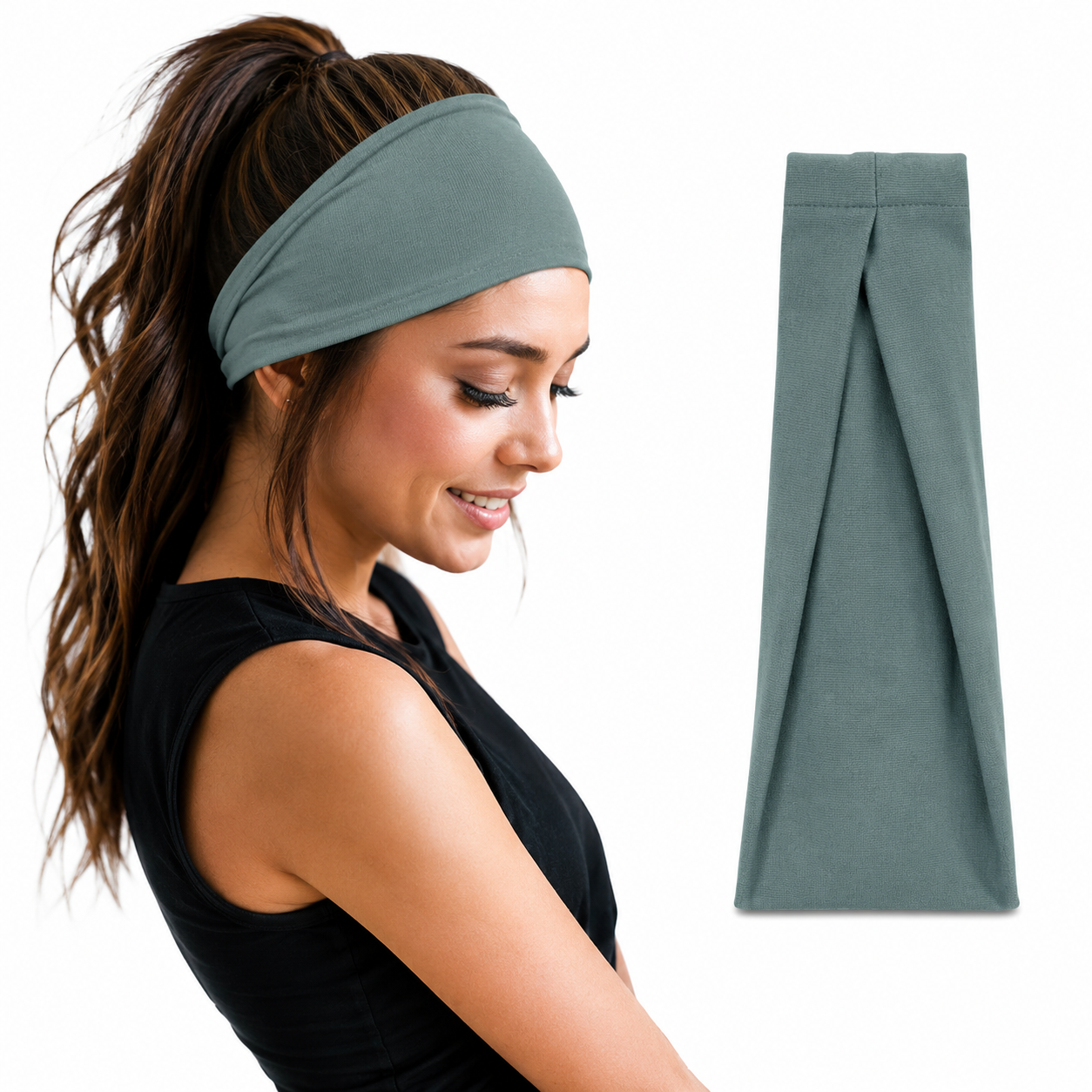 Woman with wavy hair ترتدي sage green wide headband من 7agatshopping مع black athletic top، بجانب عرض واضح لمنتج الـ headband على خلفية بيضاء clean، بتصميم modern و minimal مناسب لمنتجات fashion & hair accessories.
