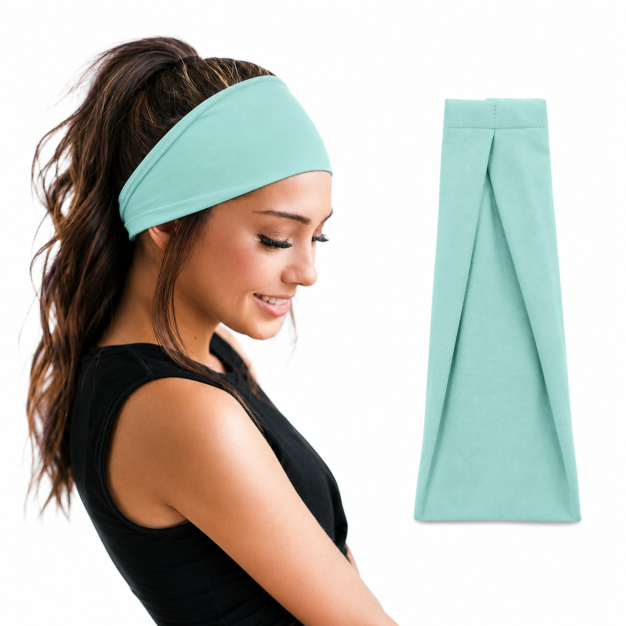 Woman with wavy hair ترتدي soft aqua mint wide headband من 7agatshopping مع black athletic top، بجانب عرض واضح لمنتج الـ headband على خلفية بيضاء clean، بتصميم minimal و modern مناسب لمنتجات fashion & hair accessories.
