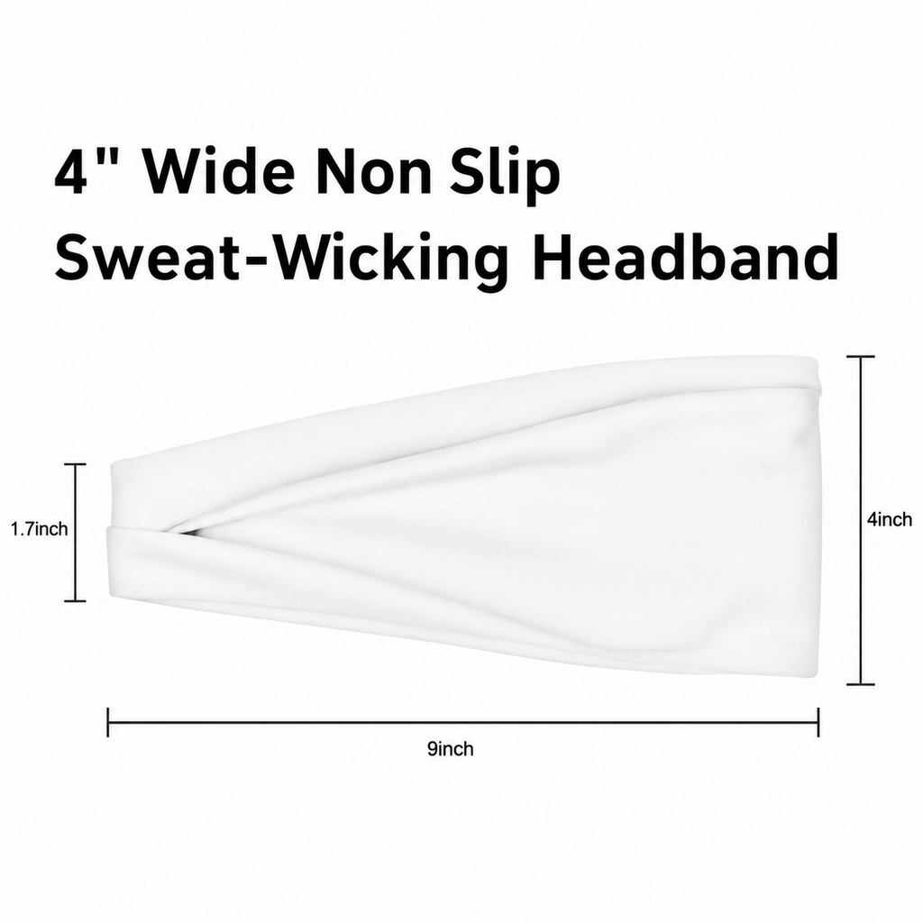 White wide non-slip sweat-wicking headband من 7agatshopping مع عرض واضح لأبعاد المنتج على خلفية بيضاء clean، يوضح المقاسات 9 inch × 4 inch بتصميم athletic و comfortable مناسب للرياضة والاستخدام اليومي.
