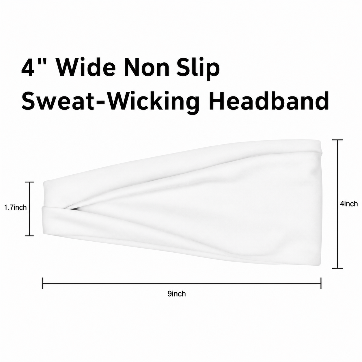 White wide non-slip sweat-wicking headband من 7agatshopping مع عرض واضح لأبعاد المنتج على خلفية بيضاء clean، يوضح المقاسات 9 inch × 4 inch بتصميم athletic و comfortable مناسب للرياضة والاستخدام اليومي.
