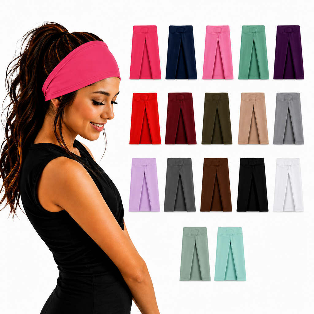 Woman with wavy hair ترتدي rose pink wide headband من 7agatshopping، بجانب عرض كامل لمجموعة ألوان الـ fabric headbands مثل dark blue, mint green, burgundy, grey, brown, black, white, و soft aqua mint، بتصميم clean و modern على خلفية بيضاء مناسبة لمنتجات fashion & hair accessories.
