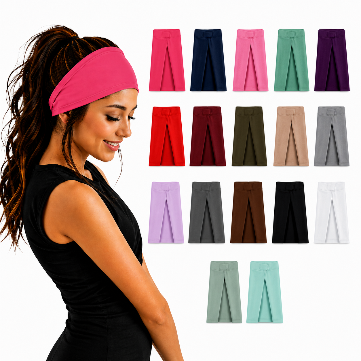 Woman with wavy hair ترتدي rose pink wide headband من 7agatshopping، بجانب عرض كامل لمجموعة ألوان الـ fabric headbands مثل dark blue, mint green, burgundy, grey, brown, black, white, و soft aqua mint، بتصميم clean و modern على خلفية بيضاء مناسبة لمنتجات fashion & hair accessories.
