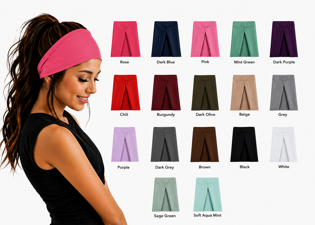 Woman with wavy hair ترتدي rose pink wide headband من 7agatshopping، بجانب عرض كامل لمجموعة ألوان الـ fabric headbands مثل Rose, Dark Blue, Mint Green, Burgundy, Grey, Brown, Black, White, Purple, و Soft Aqua Mint، بتصميم clean و modern على خلفية بيضاء مناسبة لمنتجات fashion & hair accessories.