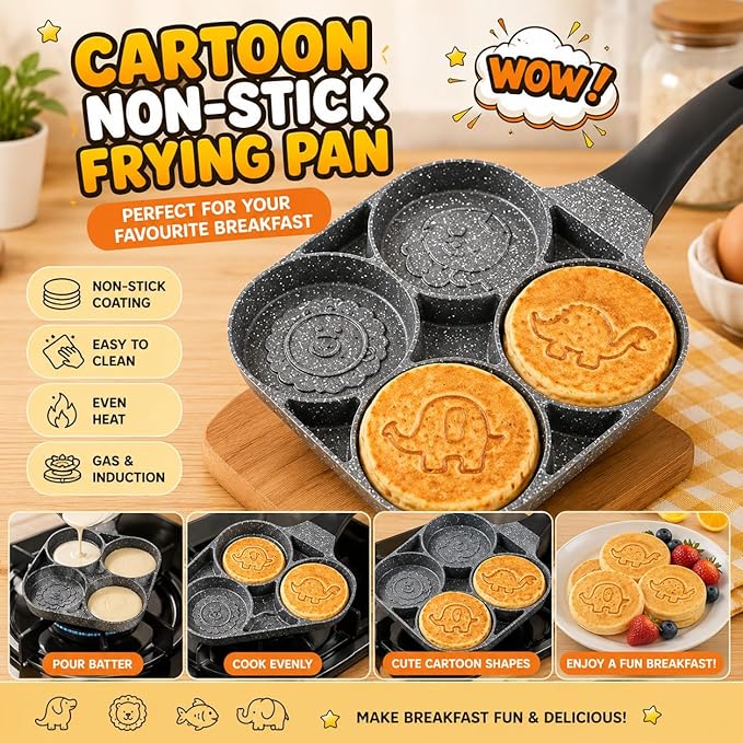 7AGAT cartoon animal-shaped non-stick frying pan for pancakes and eggs, compatible with gas and induction stoves.