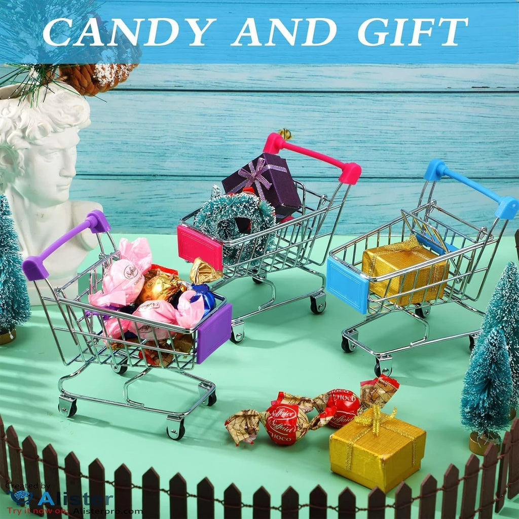 Set of two metal mini shopping carts with rolling wheels, used as desktop organizers and decorative baskets for gifts or party favors.