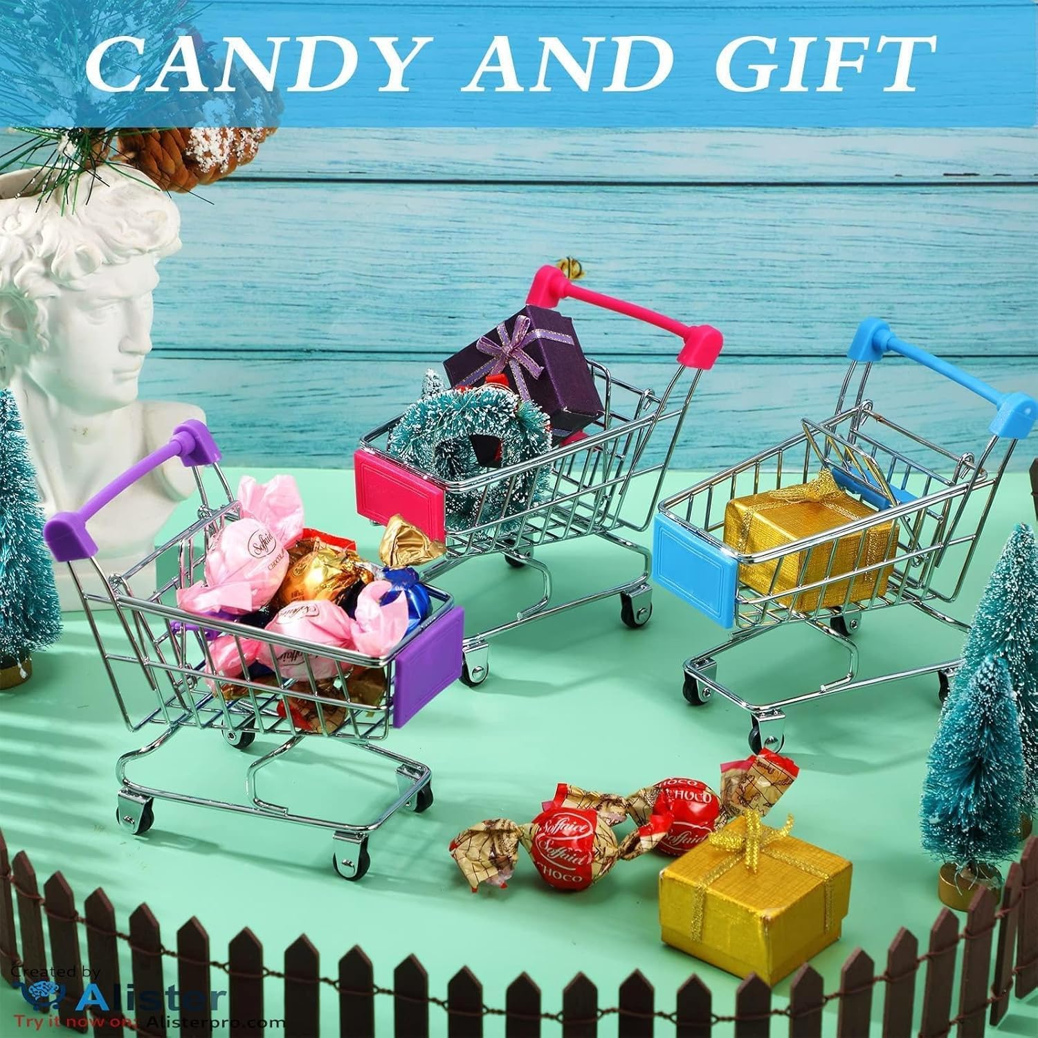 Set of two metal mini shopping carts with rolling wheels, used as desktop organizers and decorative baskets for gifts or party favors.