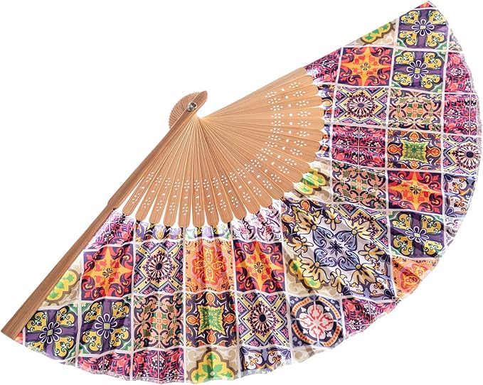 7AGAT bamboo hand fan with printed pattern, folding design, ideal for parties and weddings, featuring glazed tile details.
