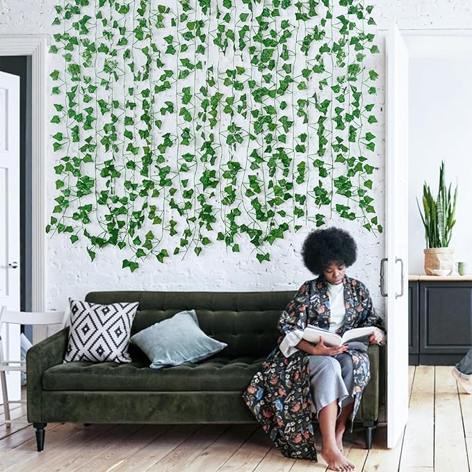 Artificial ivy vine garlands for home decor, 12-pack of hanging greenery, ideal for walls, weddings, and outdoor patio decorations.