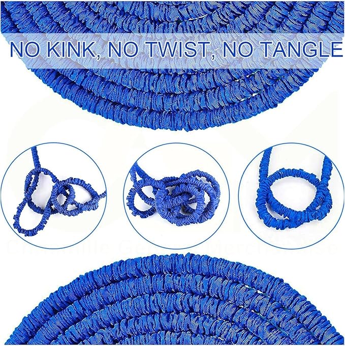 7AGAT expanding garden hose, lightweight and flexible, shown fully extended and coiled for easy storage and garden cleaning.